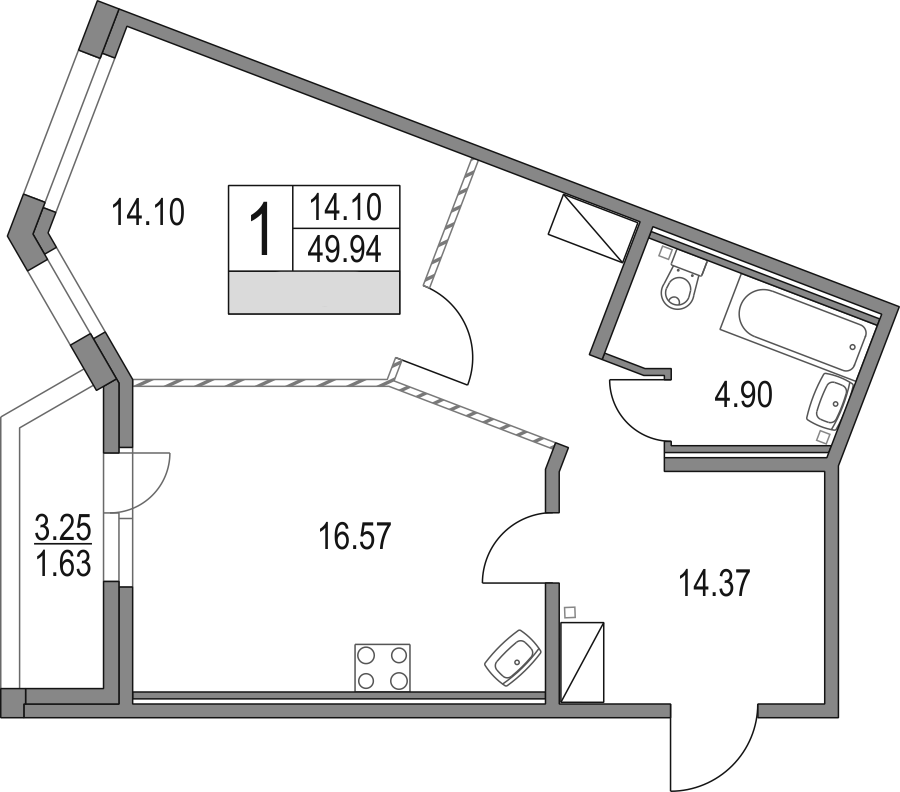 Планировка — Приморский квартал, 2-комн., 50 м²