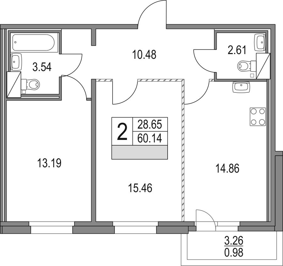 Планировка — Приморский квартал, 2-комн., 60 м²