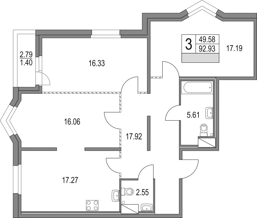 Планировка — Приморский квартал, 4-комн., 93 м²