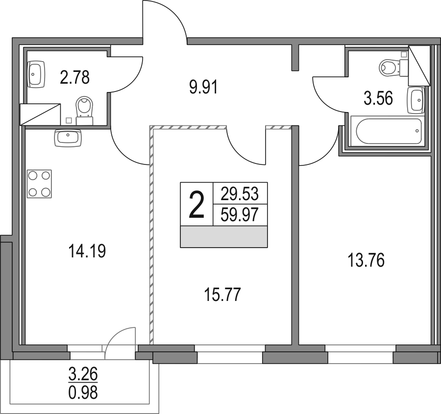 Планировка — Приморский квартал, 2-комн., 60 м²