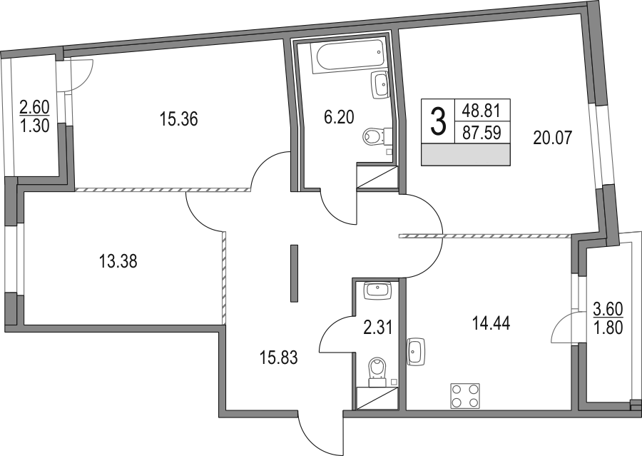 Планировка — Приморский квартал, 3-комн., 88 м²