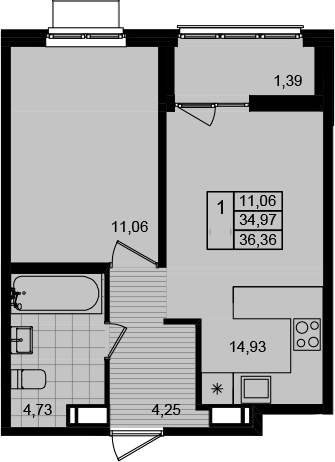 Планировка — Этала, 1-комн., 35 м²