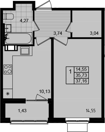 Планировка — Этала, 1-комн., 36 м²