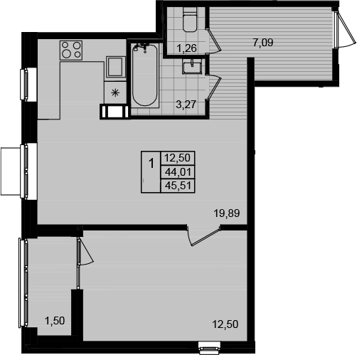 Планировка — Этала, 2-комн., 44 м²