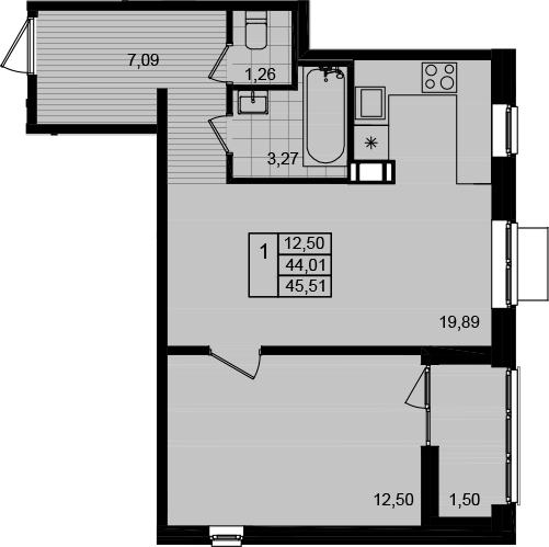 Планировка — Этала, 2-комн., 44 м²