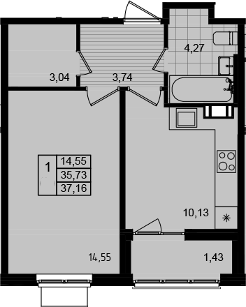 Планировка — Этала, 1-комн., 36 м²