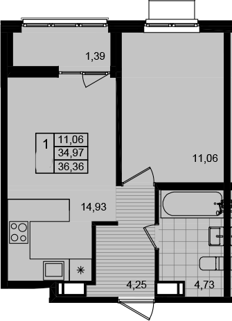 Планировка — Этала, 1-комн., 35 м²