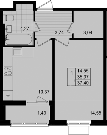Планировка — Этала, 1-комн., 36 м²