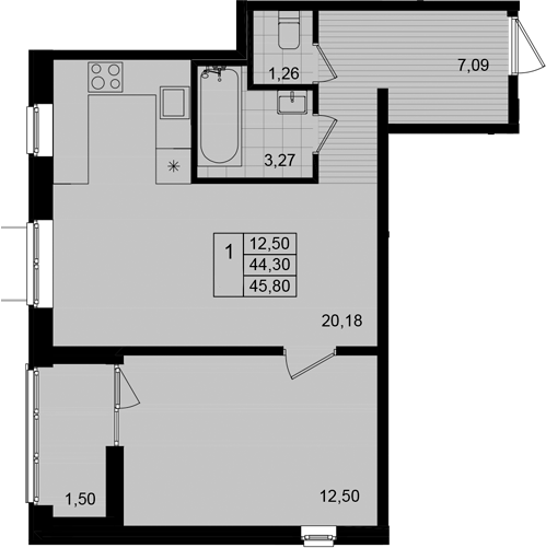 Планировка — Этала, 2-комн., 44 м²