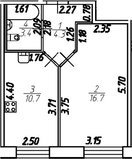Планировка — Удача, 1-комн., 35 м²