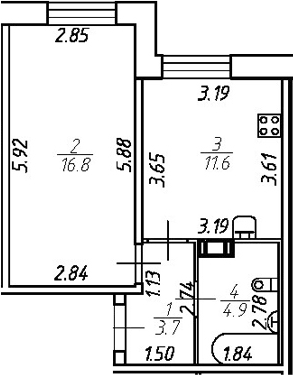 Планировка — Удача, 1-комн., 37 м²