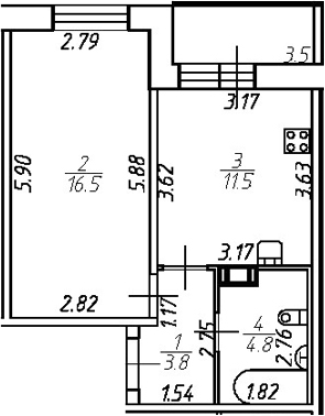 Планировка — Удача, 1-комн., 37 м²