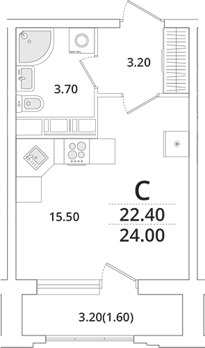 Планировка — Тайм Сквер, Студия, 23 м²