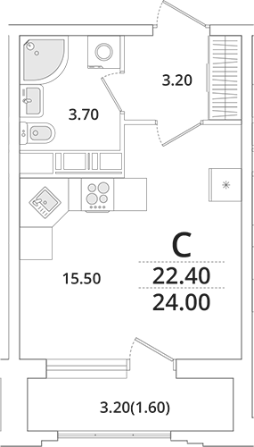 Планировка — Тайм Сквер, Студия, 23 м²
