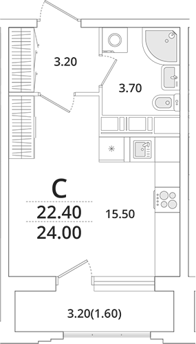 Планировка — Тайм Сквер, Студия, 23 м²