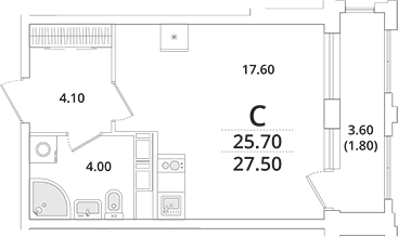 Планировка — Тайм Сквер, Студия, 26 м²
