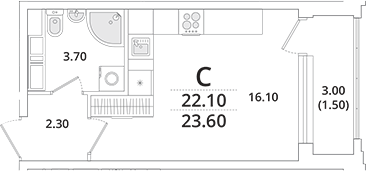 Планировка — Тайм Сквер, Студия, 22 м²
