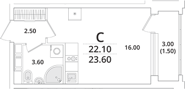 Планировка — Тайм Сквер, Студия, 22 м²