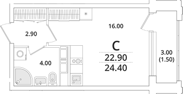 Планировка — Тайм Сквер, Студия, 23 м²