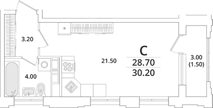 Планировка — Тайм Сквер, Студия, 29 м²