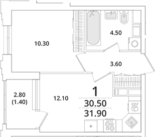 Планировка — Тайм Сквер, 1-комн., 31 м²