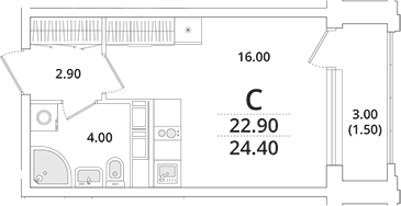 Планировка — Тайм Сквер, Студия, 23 м²