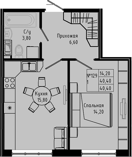 Планировка — PIXEL, 1-комн., 40 м²