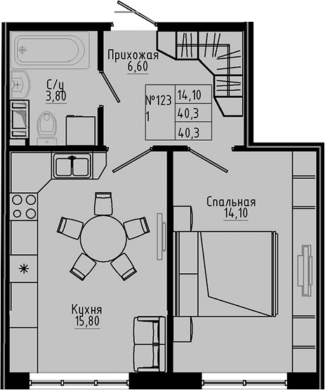 Планировка — PIXEL, 1-комн., 40 м²