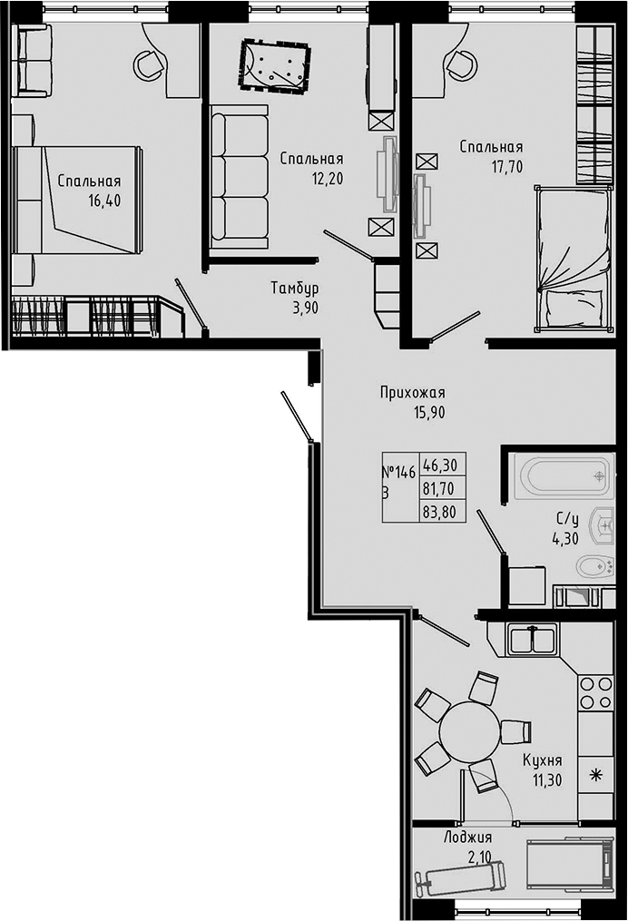 Планировка — PIXEL, 3-комн., 82 м²