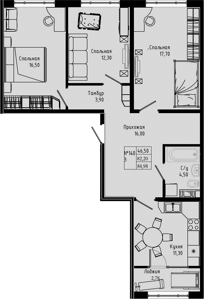 Планировка — PIXEL, 3-комн., 82 м²