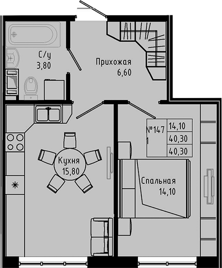 Планировка — PIXEL, 1-комн., 40 м²