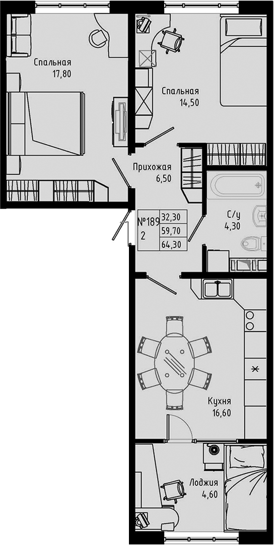 Планировка — PIXEL, 3-комн., 60 м²