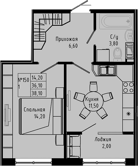Планировка — PIXEL, 1-комн., 36 м²