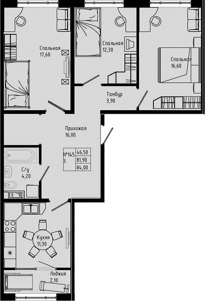 Планировка — PIXEL, 3-комн., 82 м²