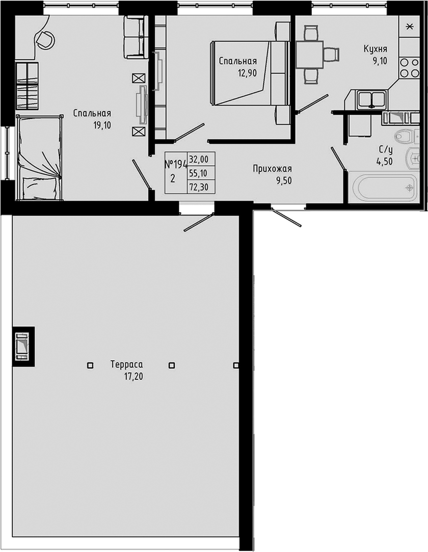 Планировка — PIXEL, 2-комн., 55 м²