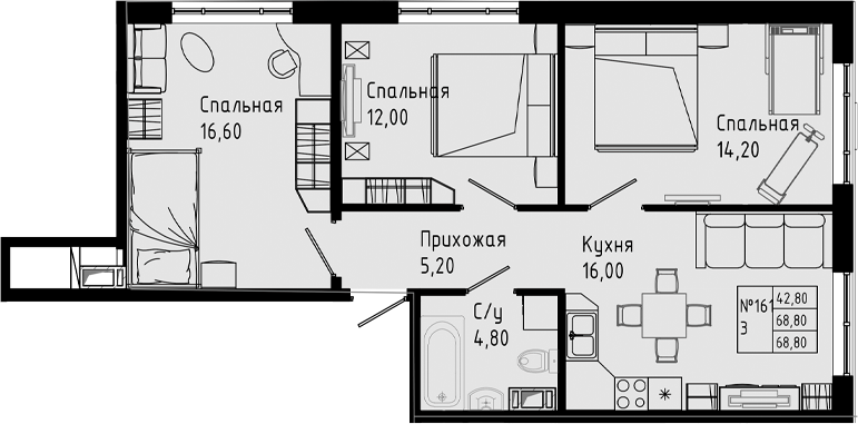 Планировка — PIXEL, 4-комн., 69 м²