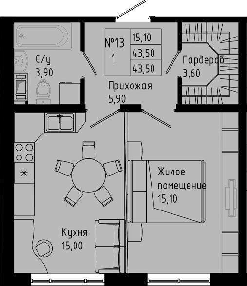 Планировка — PIXEL, 1-комн., 44 м²