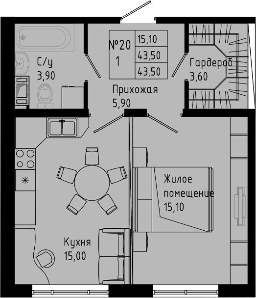Планировка — PIXEL, 1-комн., 44 м²