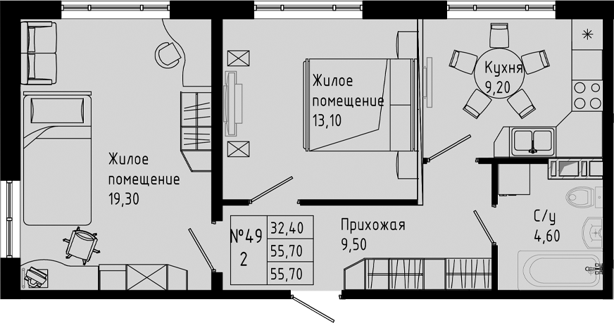 Планировка — PIXEL, 2-комн., 56 м²