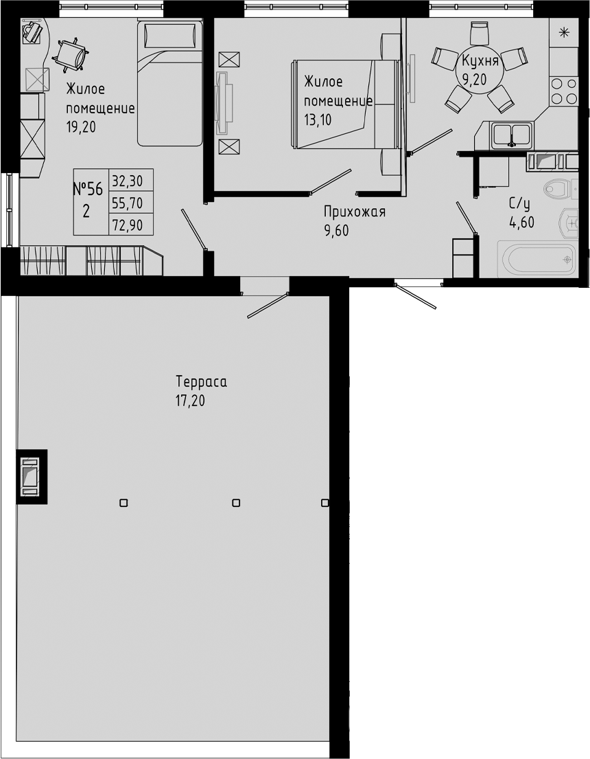 Планировка — PIXEL, 2-комн., 56 м²