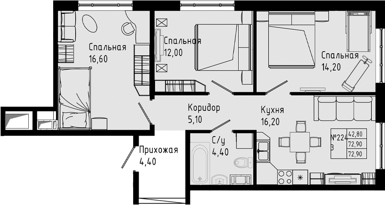 Планировка — PIXEL, 4-комн., 73 м²