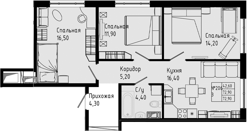 Планировка — PIXEL, 4-комн., 73 м²