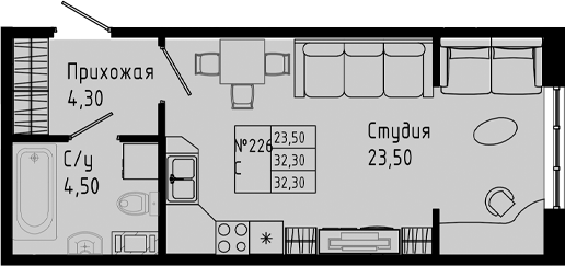 Планировка — PIXEL, Студия, 32 м²