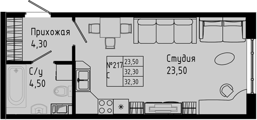 Планировка — PIXEL, Студия, 32 м²