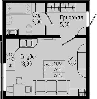 Планировка — PIXEL, Студия, 29 м²