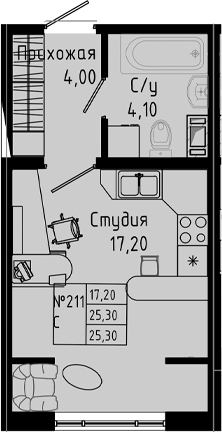 Планировка — PIXEL, Студия, 25 м²