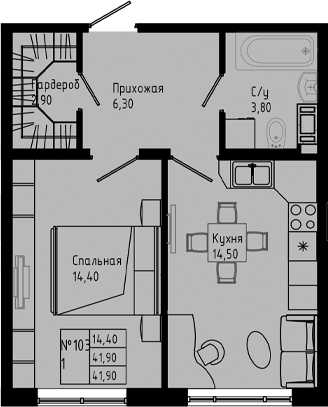 Планировка — PIXEL, 1-комн., 42 м²
