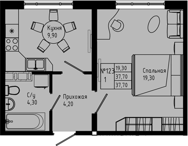 Планировка — PIXEL, 1-комн., 38 м²