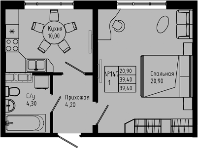 Планировка — PIXEL, 1-комн., 39 м²