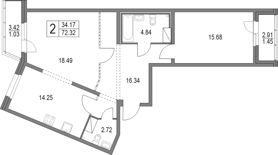 Планировка — Приморский квартал, 2-комн., 72 м²